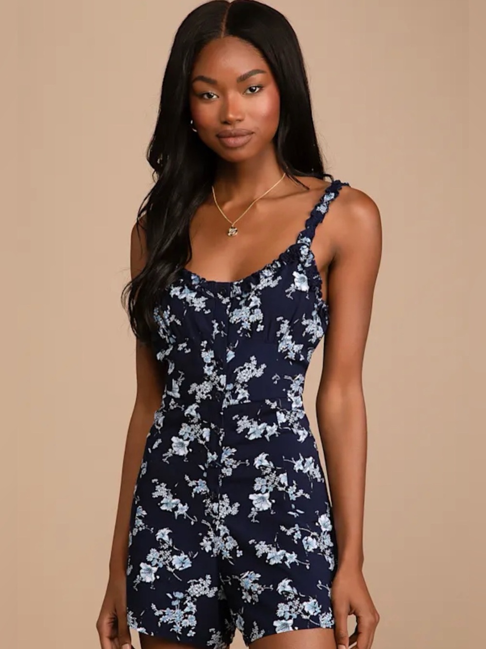 Lulus With Sweetness Navy Blue Floral Print Ruffled Romper M